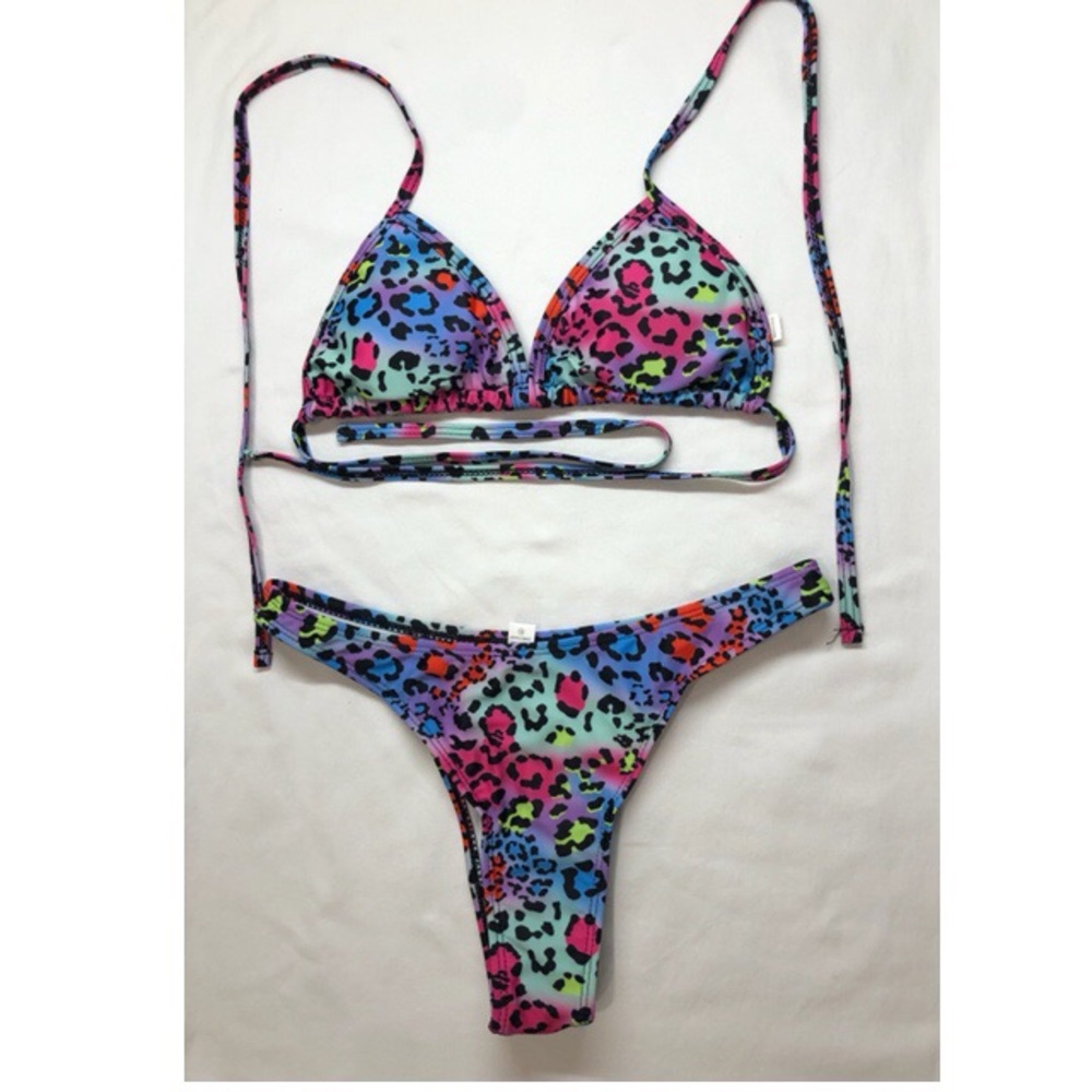 Multi color leopard high waist triangle top two piece bikini. Size small